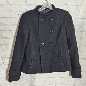 Ann Taylor Wool Coat L Ruffle Trim  Women’s XS Double Breasted Peacoat Romantic